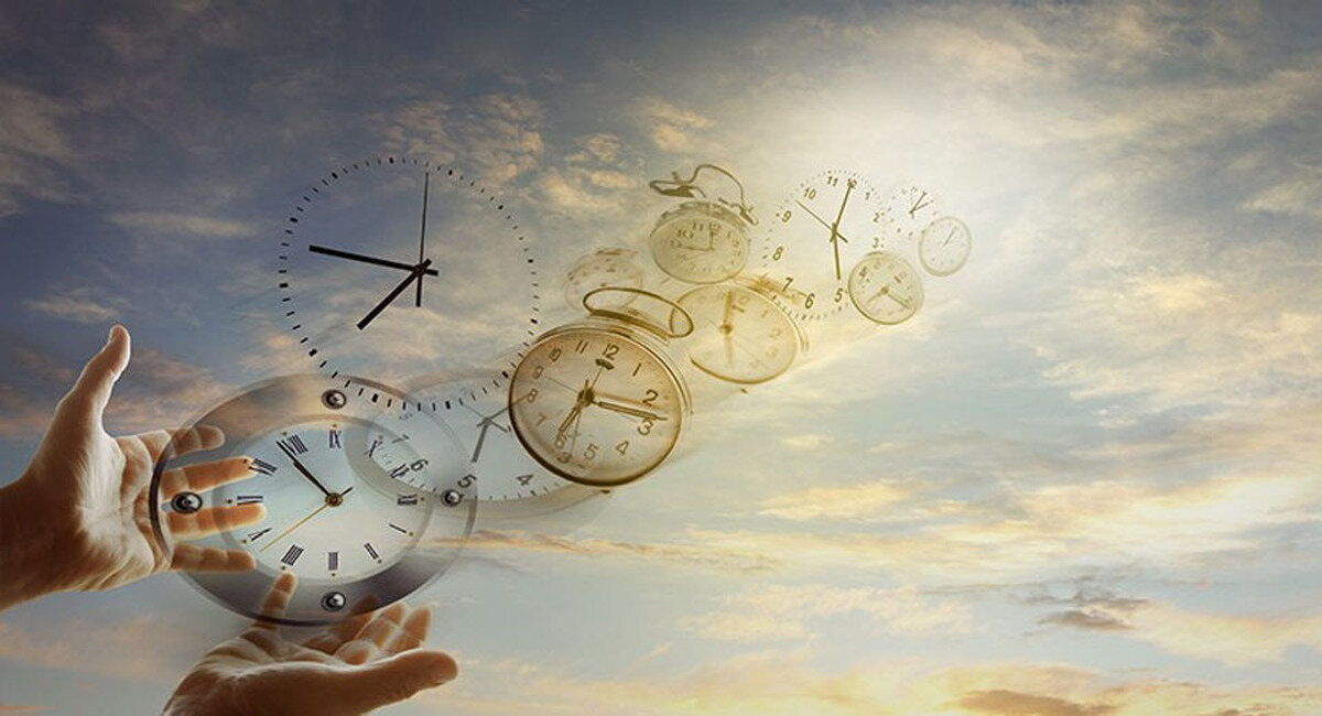 Clocks of many shapes drifting up from an open hand into a bright cloudy sky