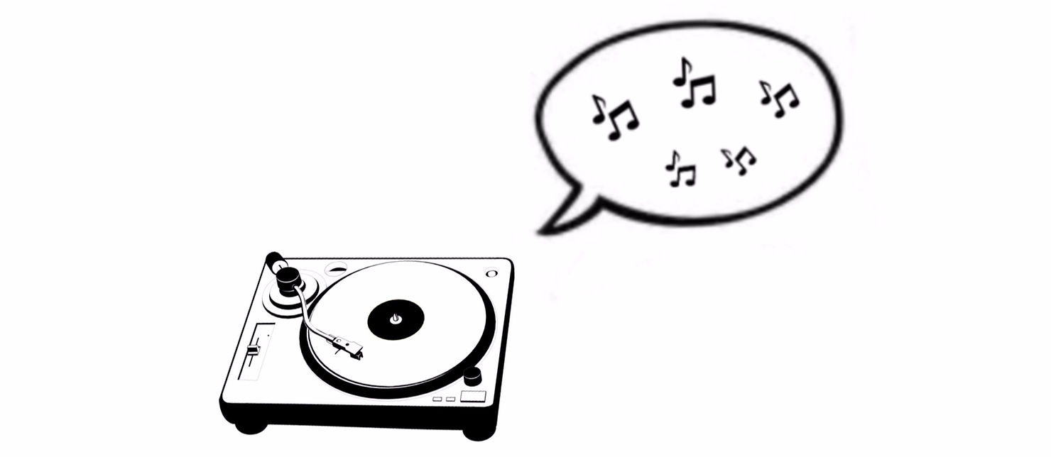 Line drawing of a record turntable with a speech bubble full of music notes