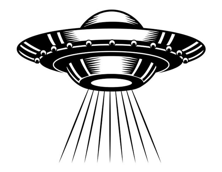 Black and white illustration of a flying saucer casting a beam of light downward
