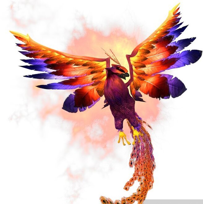 Illustration of a phoenix with orange and purple flame-coloured wings rising against a burst of fire